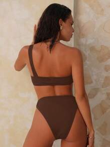Swim Chiccia Women's Solid Color Asymmetric Neckline Metal Decor Bikini Set - Brown - View 2