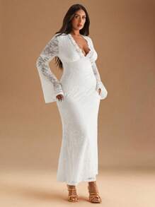 SHEIN BAE 大码女式V领蕾丝透视度假连衣裙，紧身连衣裙，春夏