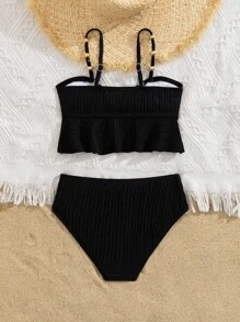 SHEIN Bộ 2 món đồ bơi trơn màu dễ thương cho bé gái đi biển và ngày lễ, mùa hè - màu đen - Xem 2