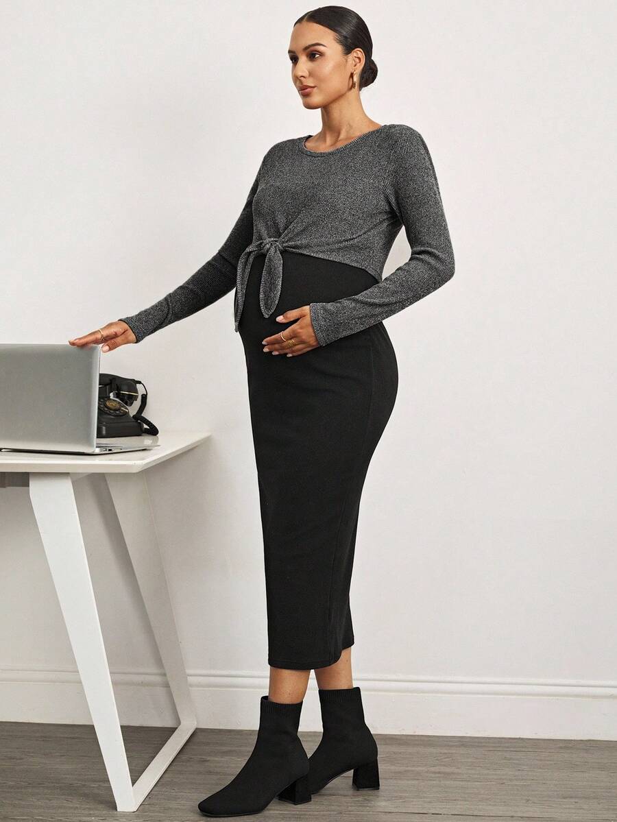 MaterniWear 办公室、商务休闲女装、秋装、孕妇装秋装孕妇装 2 件孕妇打结腰长袖上衣和紧身连衣裙套装孕妇装孕妇服装孕妇装长袖孕妇装 - 彩色 - 查看 1