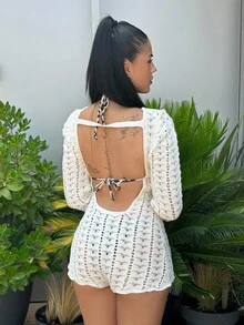 Lucia Bellido Crochet Knit Fitted Playsuit Ibiza Outfit, For Holiday, Spring, Summer, Vacation, Beach, Boho, Western White Isle, Beach Club Western Country