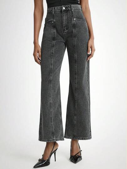 Daynim 女士休闲直筒牛仔裤 阔腿牛仔裤 女士牛仔裤 喇叭牛仔裤 高腰牛仔裤 酸洗牛仔裤