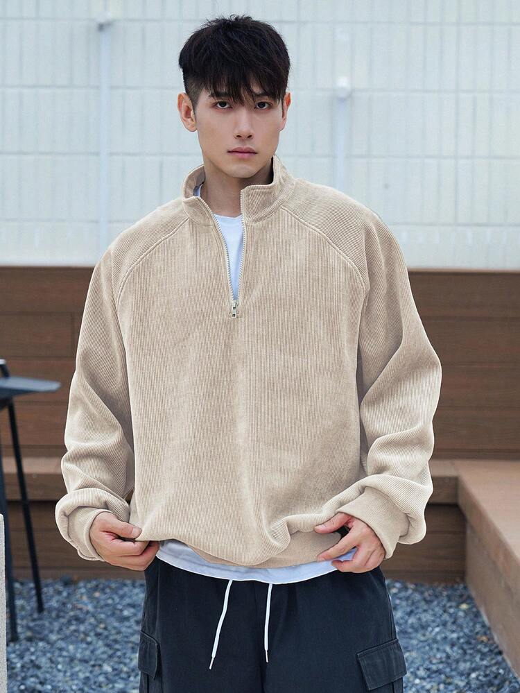 Apricot Half-Zip Textured Fabric Fleece Men's Pullover Sweatshirt, Autumn,Winter