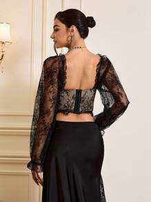Zolique 雞心領口燈籠袖蕾絲上衣 - 黑色 - 查看 2