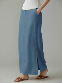 EMERY ROSE Women Solid Color Pocket Side Slit Hem Straight Casual Skirt - Blue - View 1