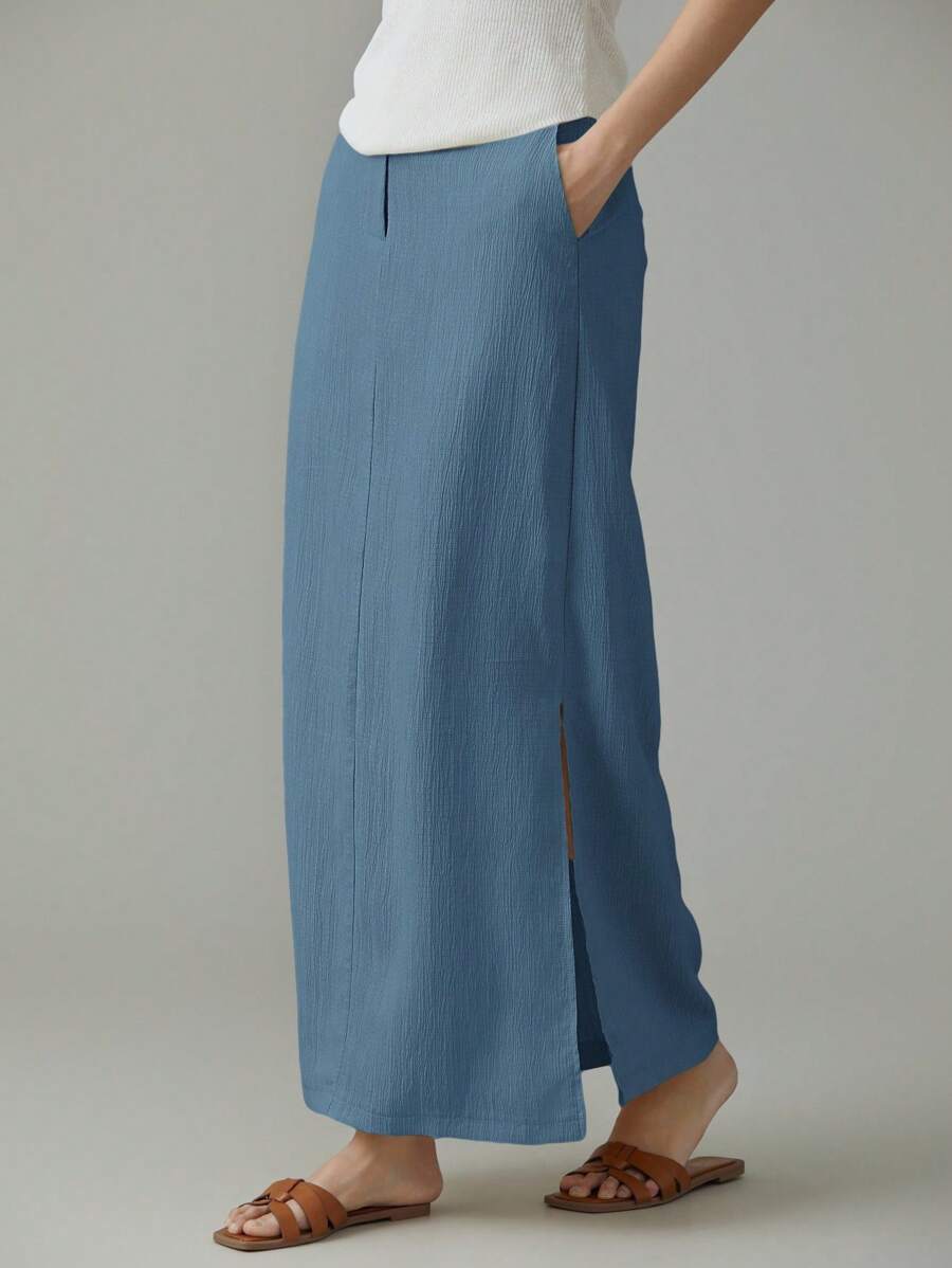 EMERY ROSE Women Solid Color Pocket Side Slit Hem Straight Casual Skirt - Blue - View 1