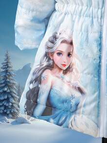 SHEIN Elladie kids 年轻女孩秋冬新款时尚可爱卡通公主加厚毛领连帽收腰中长款外套 - 藍色 - 查看 5