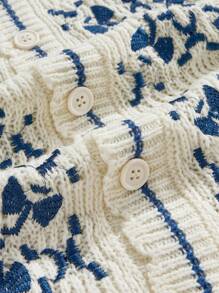 ROMWE MEN Casual Áo len cardigan dệt kim dài tay họa tiết thêu cho nam - Màu be - Xem 2