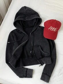 Comfortcana 秋冬女士纯色长袖拉链前口袋抽绳连帽休闲运动衫 - 黑色 - 查看 6