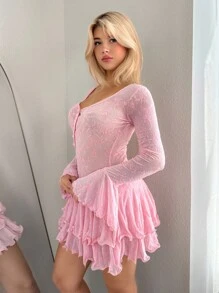 Sweetina Cute Pink Ruffle Solid Color Sweetheart Neck Fitted Long Sleeve Flocked Fabric Dress Pink Dress Pink Mini Dress Short Pink Dress Pink Dress For Women Pink Babydoll Dress