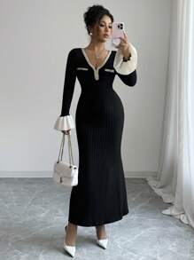 SHEIN Elenzya Women's V-Neck Ruffle Knit Bodycon Sweater Dress Fall Winter Cloth For Women - Black - View 6