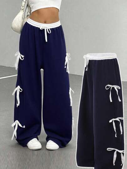 Sparklyn Tween Girls Casual Street Fashion Sport College Kontrastfärgad Rosettdekor Dragsko i midjan Lösa Vida Byxor