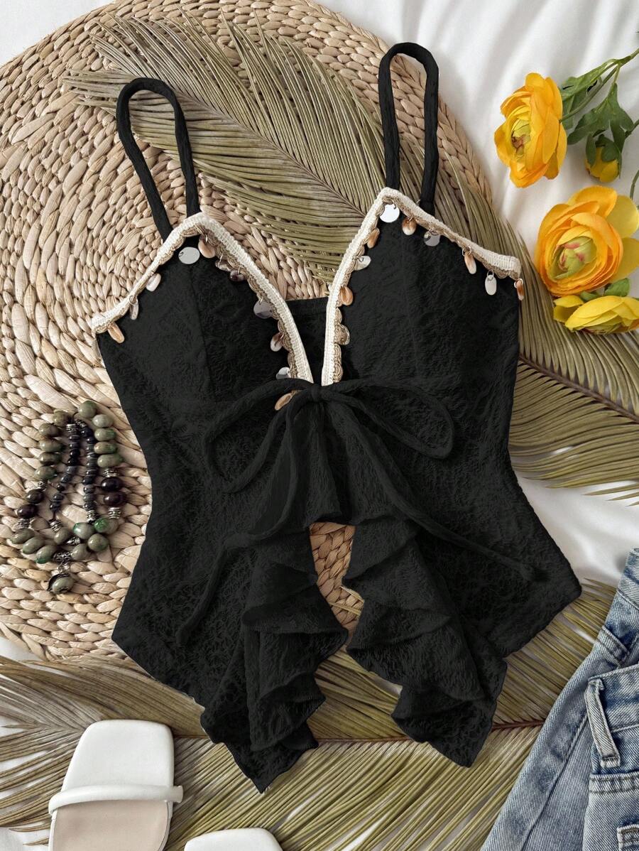 Selianne Women's Vacation Shell Trim Ruffle Hem Slit Design Camisole - Black - View 1