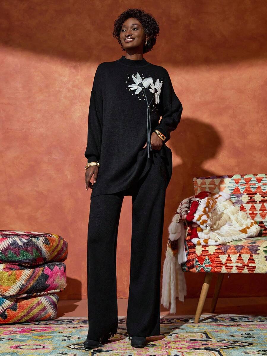 EURMUSE Black Knit Co-Ord Set With Floral Print And Pearl Stud Embellishments 3d Flower Sweater 3d Flower Top 3d Flower Dress Daisy Dress Women Floral Applique Dress Womens Novelty Tops Womens Daisy Sweater,Winter Clothes - Black - View 1