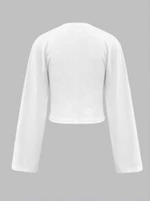 INAWLY Damska, swobodna, jednokolorowa, krótka koszulka z długim rękawem - Biały - Zobacz 2