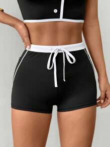 SHEIN Sovereign Charm Women's Black & White Yoga/Running Exercise Shorts With Phone Pocket - Black and White - View 6