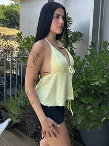Lucia Bellido Women's Summer Solid Color Front Tie Halter Neck Tank Top - Yellow - View 1