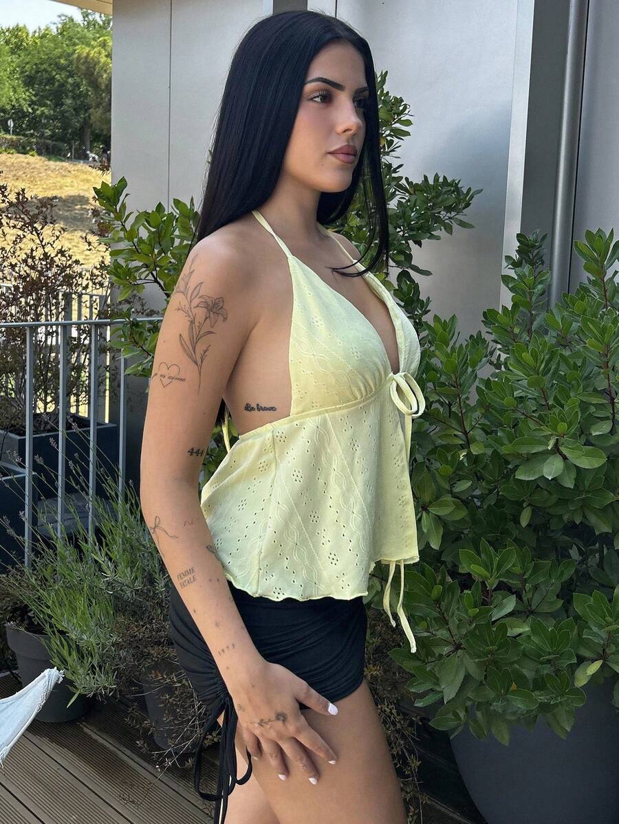 Lucia Bellido Women's Summer Solid Color Front Tie Halter Neck Tank Top - Yellow - View 1