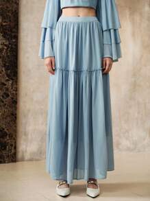 EMERY ROSE 女式四向弹力面料 A 字褶边嬉皮风格波西米亚风格优雅约会长裙秋季女装度假装女士波西米亚风女装休闲装春季 - 藍色 - 查看 5