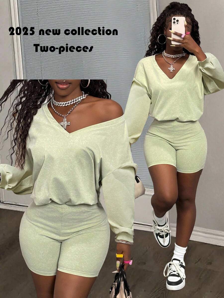 Slaydiva Women's Two-Piece Set Sage Green,Autumn,Casual,Gym Outfits,V-Neck Long Sleeve Loose Off-The-Shoulder Top & Tight Cycling Shorts,Snow-Washed Fabric - Green - View 1