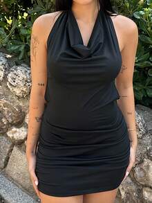 Lucia Bellido Black Plunging Neck Tied Back Open Back Sleeveless Bodycon Mini Dress - Black - View 3