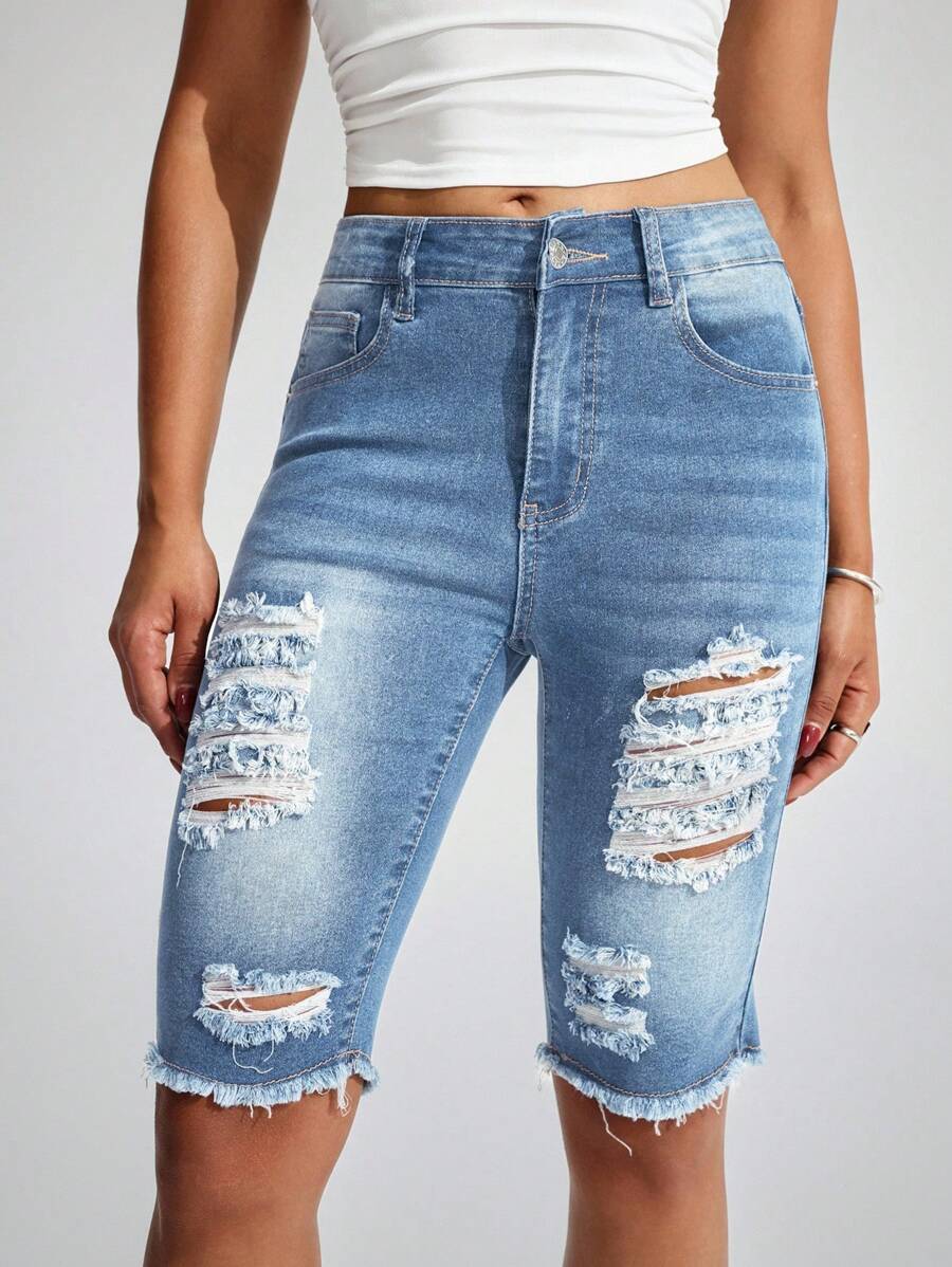 EMERY ROSE Casual Washed Distressed Slim Fit Denim Shorts - Light Wash - View 1