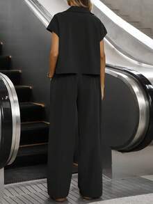 Siren Gaze 女士休闲纯色衬衫和裤子两件套，夏季 - 黑色 - 查看 6