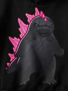 GODZILLAxKONG X SHEIN 小男孩卡通图案长袖宽松针织黑色连帽卫衣