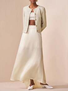 Zivah Autumn New 2 Pieces Set,Crew Neck Long Sleeve Jacket With Metal Decor & High-Waist Satin Skirt,Elegant Beige Semi Formal Music Festival Graduation - Apricot - View 4