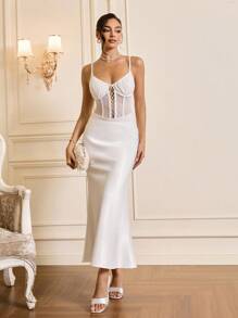 Glamine Charm Lace Up Front Mesh Insert Bustier Cami Bodysuit - White - View 4