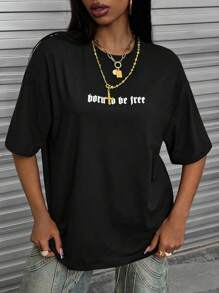 INAWLY 女式印花短袖休闲基本款春夏季 T 恤，Born To Be Free 图案 T 恤女式上衣 - 黑色 - 查看 2