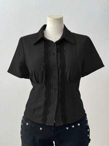 Flirla Lace Trim Form-Fitting Casual Short Sleeve Blouse - Black - View 5