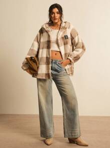 Freevana Plus Buffalo Plaid Pattern Drop Shoulder Hooded Flannel Jacket, For Winter Fall Autumn