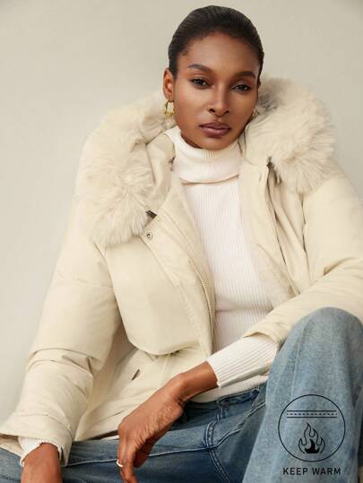 Aveloria Modichic 女士休闲纯色抽绳腰仿毛领连帽加厚棉服外套，冬装