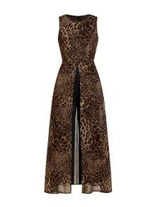 Ellevyn Mono largo elegante sin mangas con estampado de leopardo para mujer, sexy y versátil - Negro - Ver 7