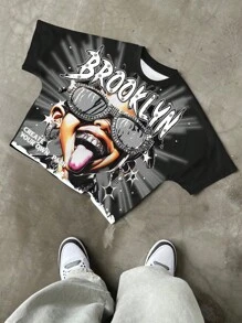 Manfinity EMRG Men's Street Style Portrait Graphic Short Sleeve T-Shirt.Men's Youth Street Style. Men Crew Neck Raglan Short Sleeve Casual T-Shirt With Creative Print, Summer Men S Graphic Shirts. Summer Clothing, Fashionable Street Style, Perfect Gift For Boyfriend, Y2K Style, Back To School Season, Rock Style, Rap Hip Hop Graphic Tees Graphic Tees Men Y2k Mens Cropped Graphic Shirts Brooklyn Shirt Rapper Graphic Tees, 2000s Style - Multicolor - View 3