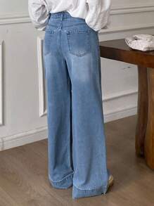 DAZY 女式高腰宽松做旧阔腿牛仔裤 - 藍色 - 查看 6