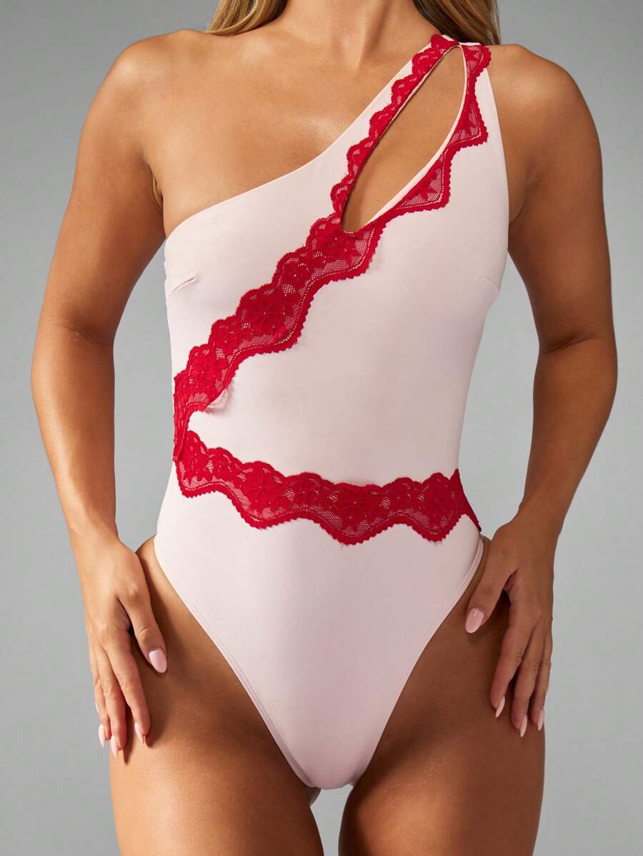 MISSGUIDED One Shoulder Swimsuit Elegant Cut Out Detail High Cut Leg Beach Pool Swimming Monokini Holiday Vacation Asymmetric Neckline Bathing Suit - Pink - View 1
