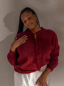Aralina Áo cardigan cardigan dáng suông cài khuy kiểu Stockholm dành cho giáo viên, mùa thu đông, kiểu dáng thường ngày. - Đỏ - Xem 5