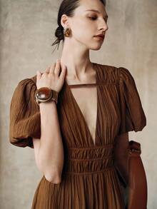 Arave Women's Coffee Brown Viscose Textured Deep V-Neck Puff Short Sleeves Elegant Date Long Dress,Summer Holiday Tea Party Holiday Elegant Fall Clothes - Brown - View 2