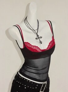 SHEIN ICON 女士红色透视吊带背心，搭配黑色蕾丝细肩带文胸 2 件套