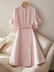 Franclia 荷叶边袖纯色简约时尚腰部收腰 A 字连衣裙，粉色 - 粉色 - 查看 1