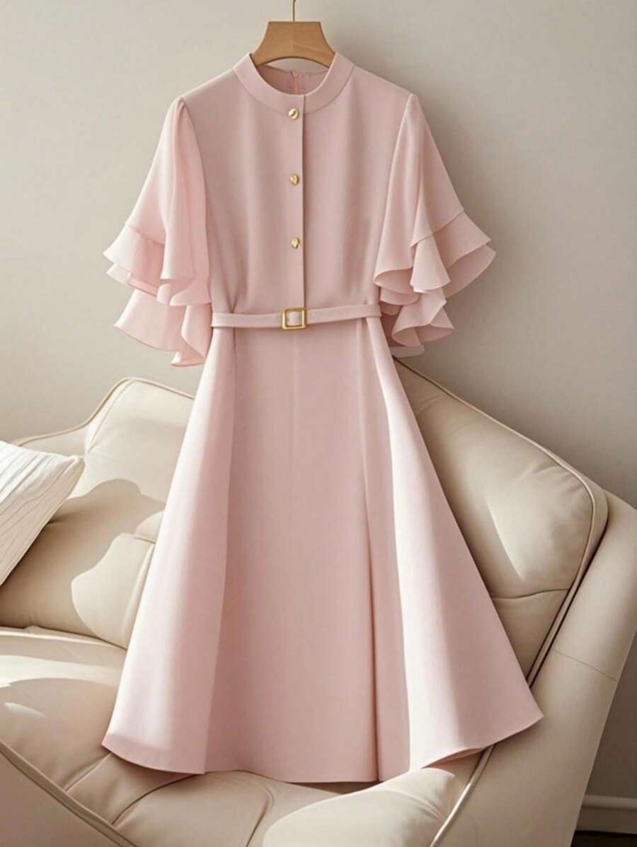 Franclia 荷叶边袖纯色简约时尚腰部收腰 A 字连衣裙，粉色 - 粉色 - 查看 1