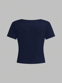 SHEIN Áo thun dài tay cổ tròn ôm sát thoải mái, giản dị dành cho bé gái tuổi mới lớn, phù hợp cho mùa hè - Nhiều màu - Xem 2