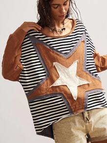 Bohemela Áo thun tay dài dáng rộng in hình sao và sọc BOHO phong cách Mỹ dành cho nữ - Xám - Xem 2