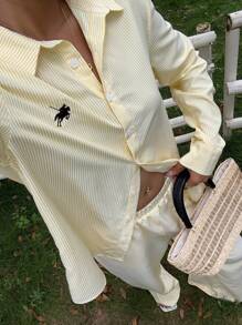 Comfortcana Women's Butter Yellow 2pcs Set Striped Embroidery  Casual Loose Shirt And Wide Leg Pants - Yellow - View 7