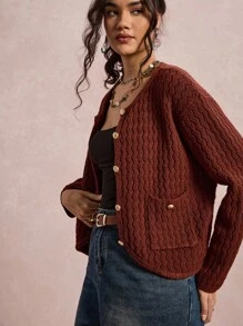 SHEIN VCAY Metal Buckle Knitted Women Cardigan Sweater, Round Neck Pockets, Autumn/Winter - Burgundy - View 4