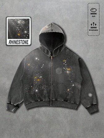 Street Life Sudadera holgada de estilo corto para hombre con diamantes brillantes y lavada