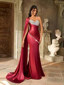 Aureia 优雅奢华的无袖甜心领口褶饰紧身胸衣，荷叶边下摆美人鱼正式晚礼服，适合宴会、庆典、商务活动、婚礼和其他正式场合 - 酒紅色 - 查看 4