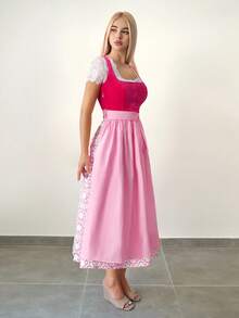 Sweetina Women's Pink Oktoberfest Style Long Dress With Lace Short Sleeve Blouse Set, Bow Decor Pink Dress Dirndl Dress Pink Corset Top Pinafore Dress Milkmaid Dress